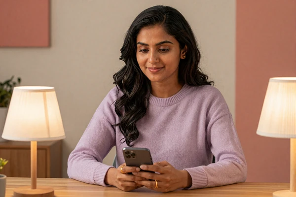 Body-positive woman checking dating profile authenticity at a warm-lit wooden desk