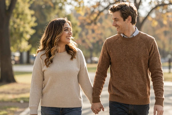 Couple walking and laughing, illustrating what women find attractive in men beyond size