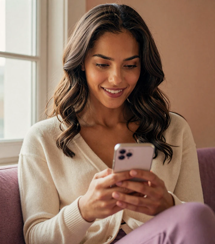 Naomi smiling at her phone while chatting on the Small Penis Chat local dating app