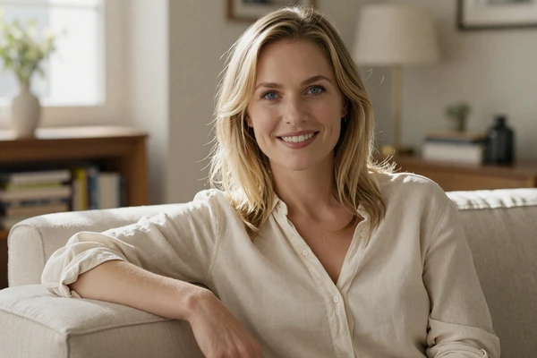 Warmly smiling woman in a sunlit room representing the honest answer to does size really matter in dating