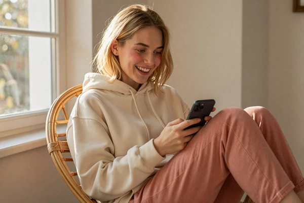 Hannah laughing at a Small Penis Chat conversation on MoreThanSize