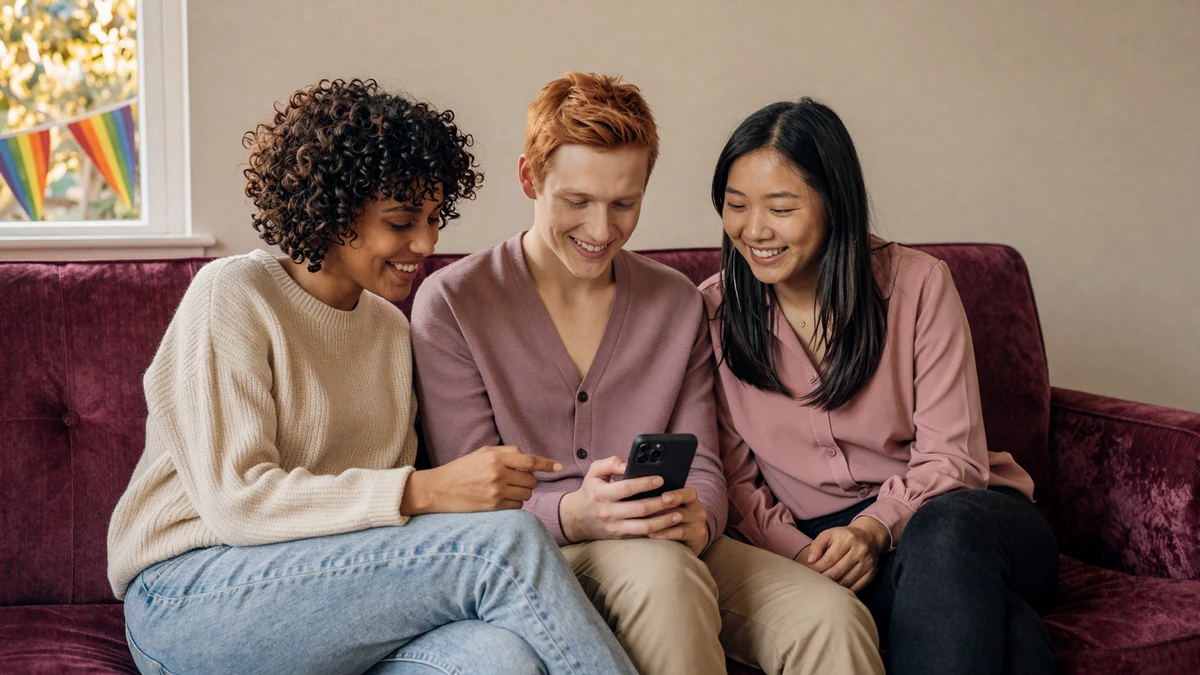 Three diverse smiling friends sharing a phone on a plum velvet sofa in a warm body-positive inclusive dating community living room