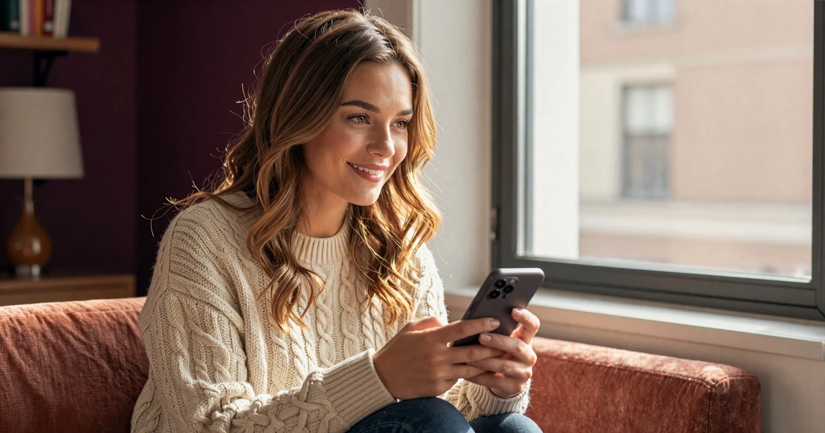 Smiling woman reviewing a niche dating app on her phone, illustrating whether online dating is worth it for niche communities in 2026