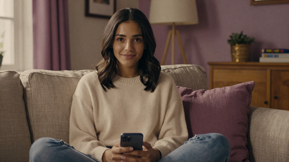 Woman reading online dating safety tips on her phone at home, illustrating safer use of private dating sites