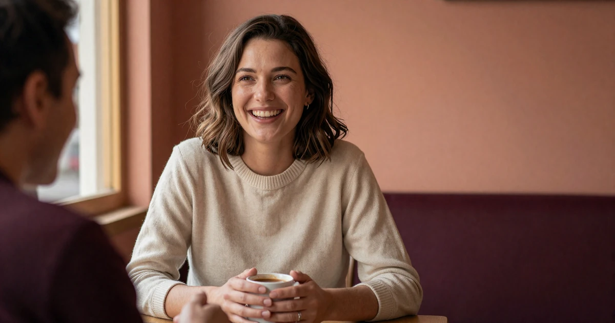 Woman laughing warmly with her date at a cafe, illustrating what women find attractive in men beyond size