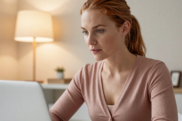 Woman carefully reviewing a dating profile on her laptop to spot fake accounts