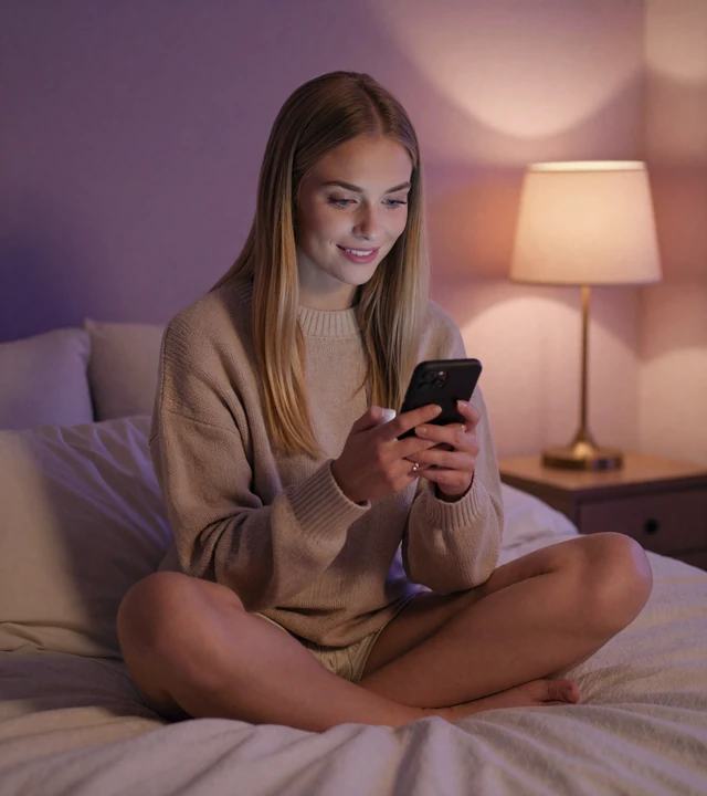 Elena reading a moderated group chat from her bed before sleep