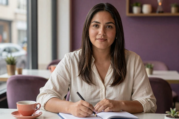 Woman reviewing online dating safety tips at a cozy warm-lit cafe table