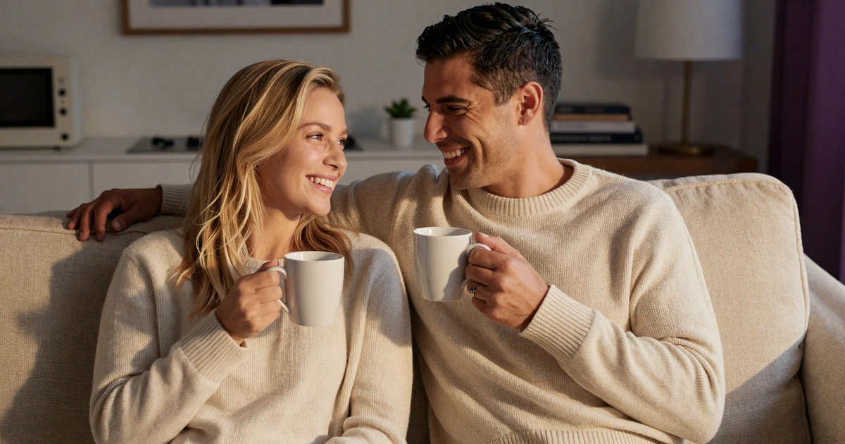 Body-positive couple laughing together over coffee, illustrating what a woman finds attractive in a man beyond size