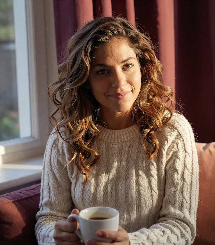 Maya, a smiling MoreThanSize member relaxing at home with coffee, representing body-positive small penis dating