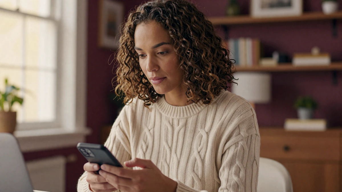 Body-positive woman carefully reviewing a dating app on her phone, illustrating how to spot fake dating profiles quickly
