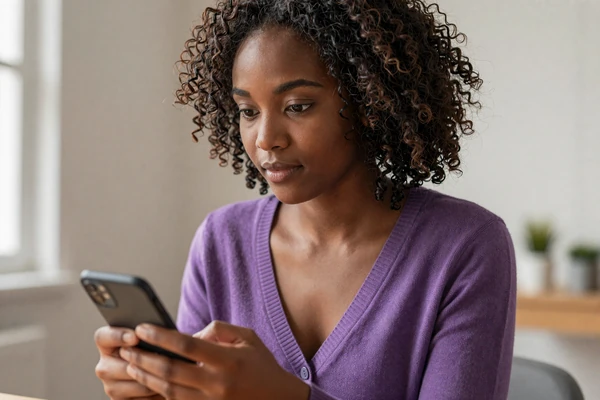Woman carefully reviewing a dating profile on her phone, illustrating how to spot fake dating profiles online
