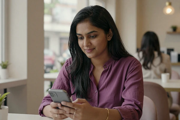 Woman browsing the best niche dating sites of 2026 on her phone at a cafe